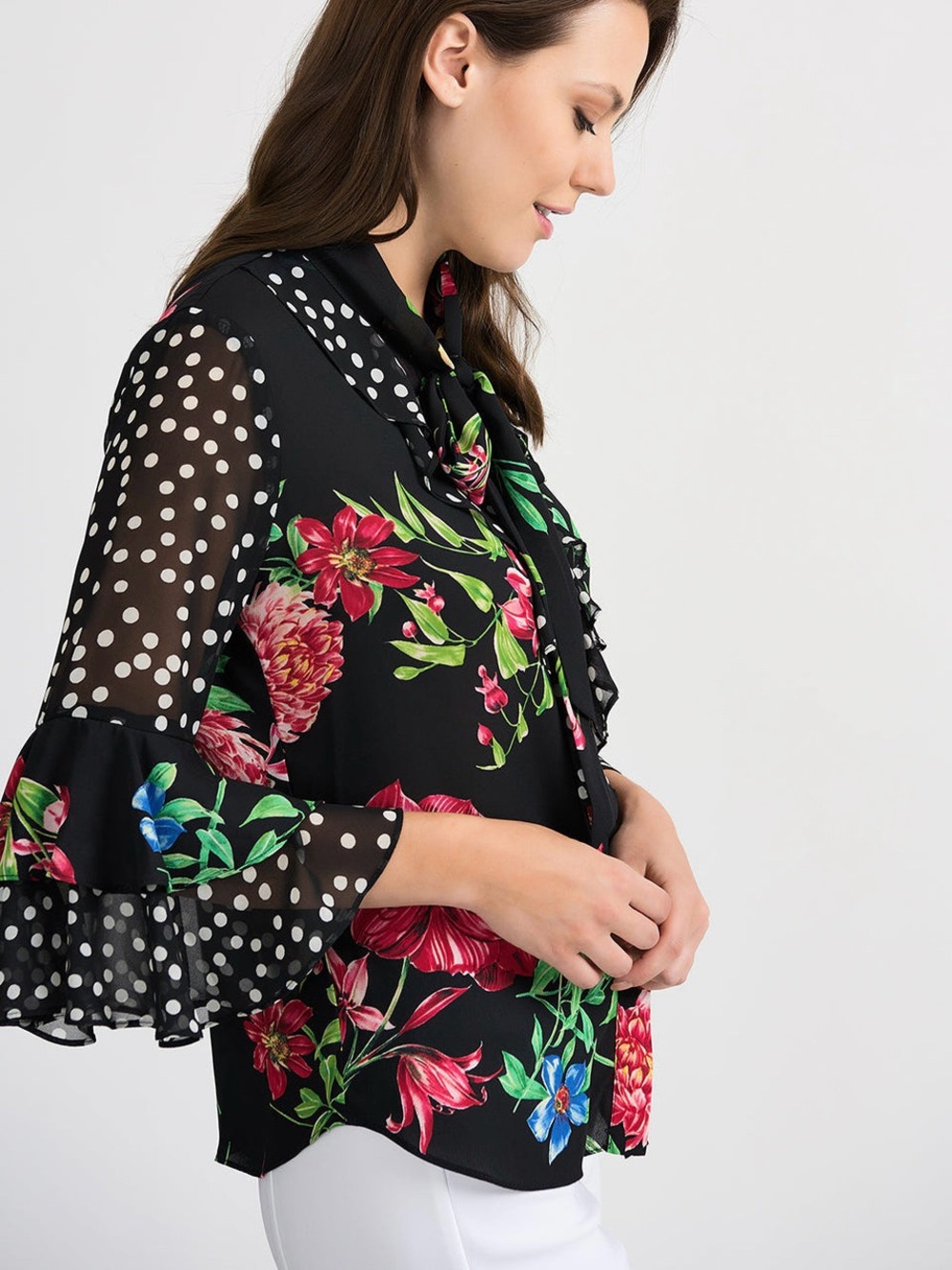 Joseph Ribkoff Mixed Media Floral Polka Dot Ruffle Tie Neck Blouse Size 8 - Picture 3 of 14